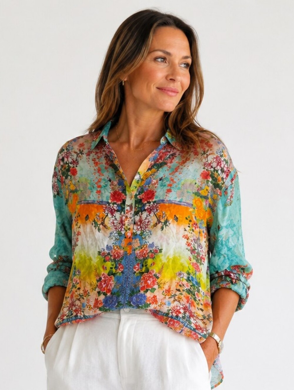 Cienna Designs Boutique Silk Viscose Colorful Vibrant Henley Blouse Mixed Print